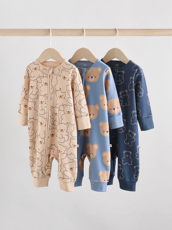 Brown/Navy Baby Two Way Zip Footless Cotton Sleepsuits 3 Pack (0mths-3yrs)