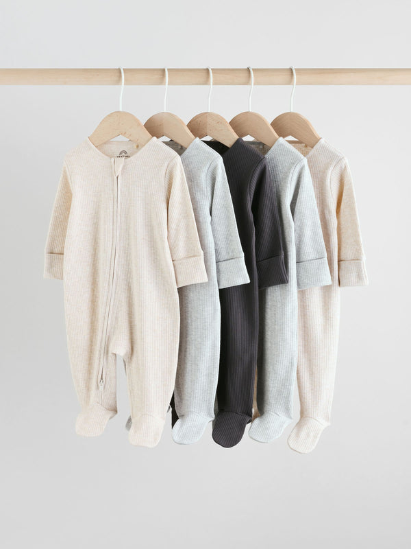 Neutral 5 Pack Two Way Zip Footed Baby Sleepsuits (0-2yrs)