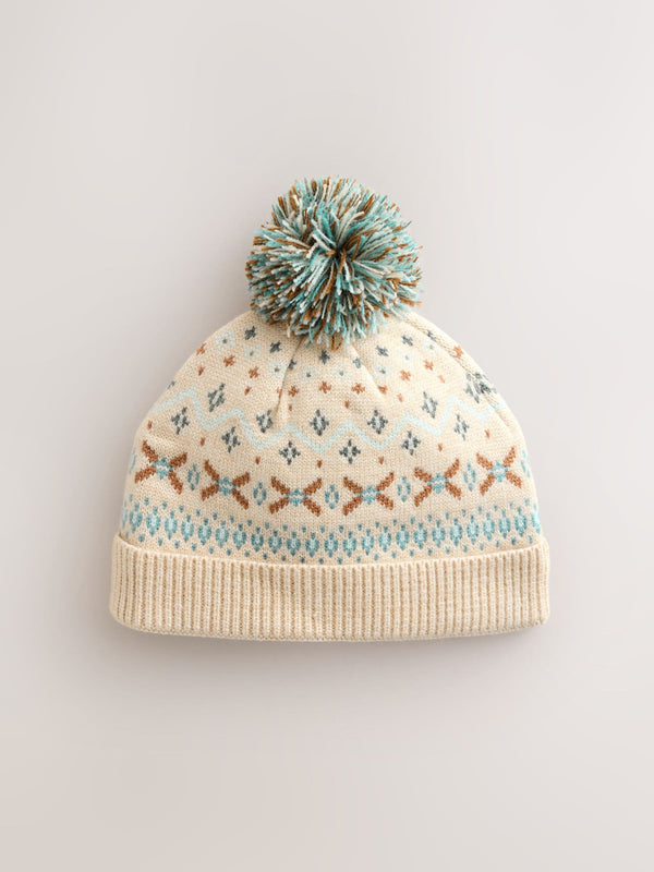 Natural Fairisle Pattern Baby Knitted Pom Beanie Hat (0mths-2yrs)