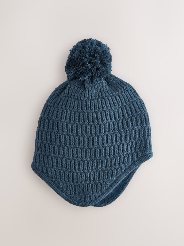 Navy Baby Knitted Trapper Hat With Pom (0mths-2yrs)