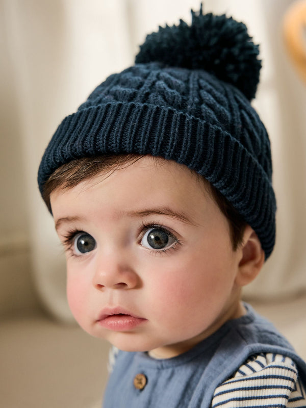 Navy Baby Knitted Hat With Pom (0mths-2yrs)