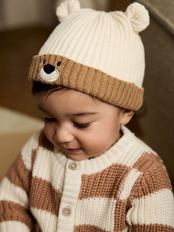 Brown Baby Bear Face Ribbed Beanie Hat (0mths-2yrs)