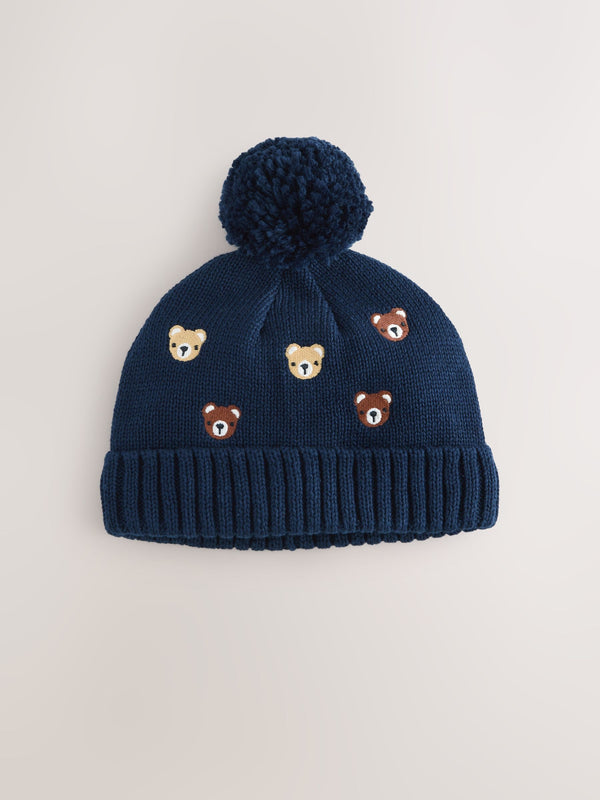 Navy Bear All Over Embroidered Baby Hamish and Friends Knitted Hat (0mths-2yrs)