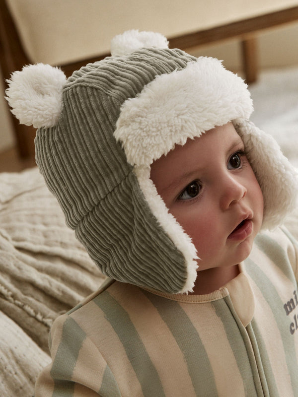 Sage Green Cord Baby Trapper Hat (0mths-2yrs)