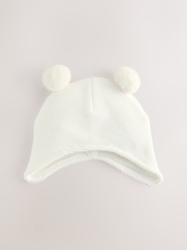 White Knitted Double Pom Baby Trapper Hat