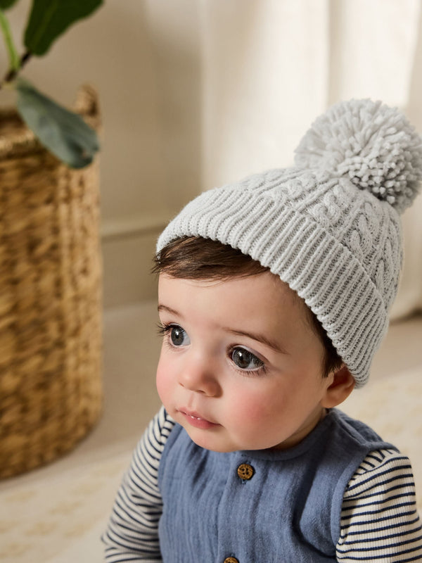 Grey Knitted Cable Pom Beanie
