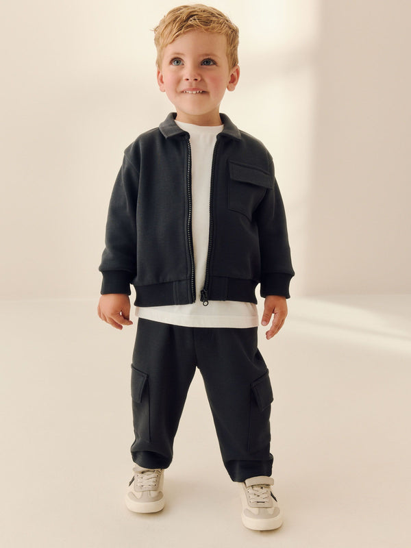 Charcoal Grey Zip Thru Bomber, T-Shirt And Joggers Set (3mths-7yrs)
