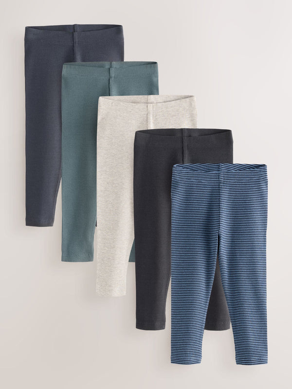 Blue/Grey/Stripe Ribbed Leggings 5 Pack (3mths-7yrs)