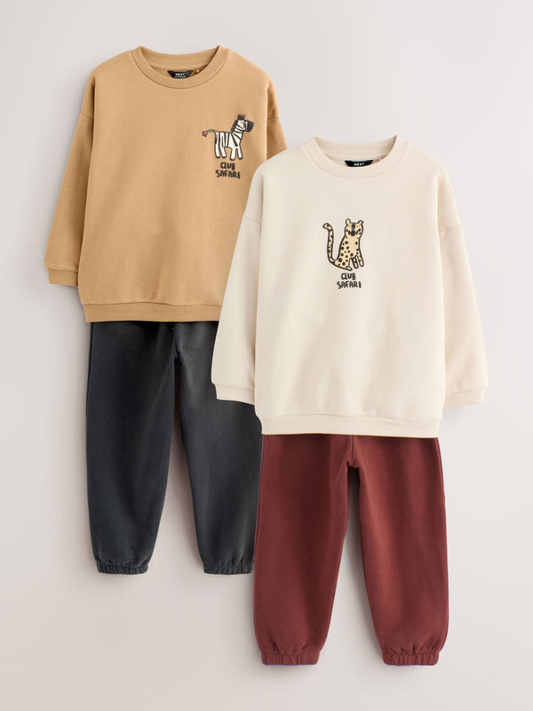 Tan/Ecru/Charcoal Grey 2 Pack Sweatshirt and Joggers Set (3mths-7yrs)