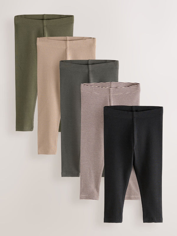 Black/White/Khaki Green Ribbed Leggings 5 Pack (3mths-7yrs)
