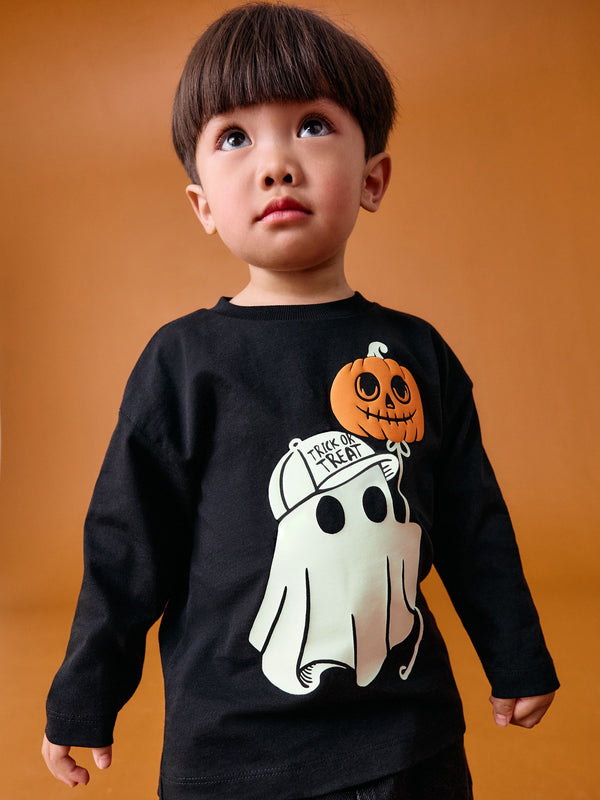 Black Glow in the Dark Ghost Halloween Long Sleeve Graphic Print T-Shirt (3mths-7yrs)