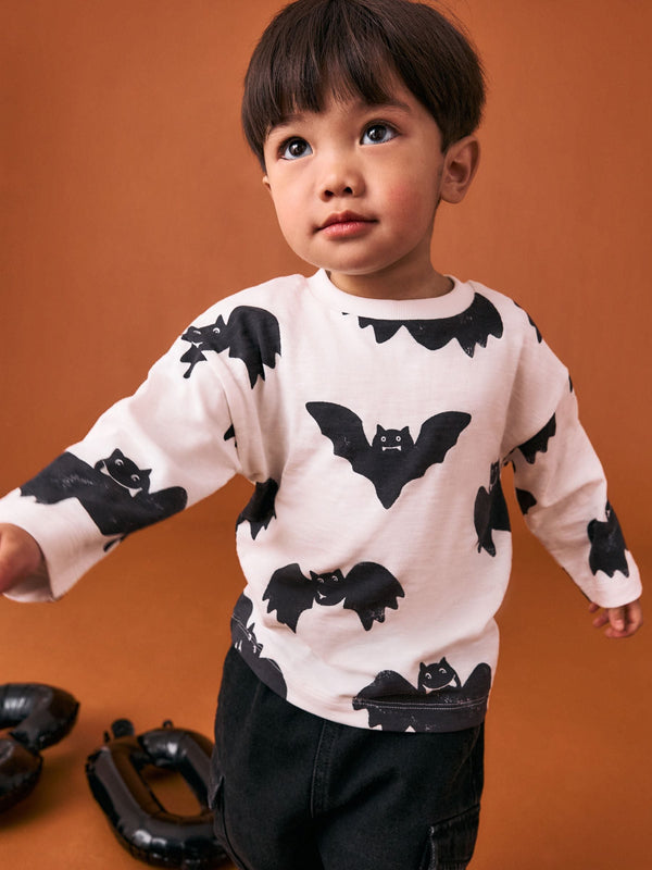 White/Black Bats Halloween Long Sleeve Graphic Print T-Shirt (3mths-7yrs)
