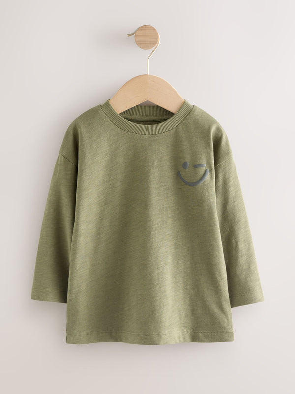 Khaki Green Smile Long Sleeves Semi Plain T-Shirt (3mths-7yrs)