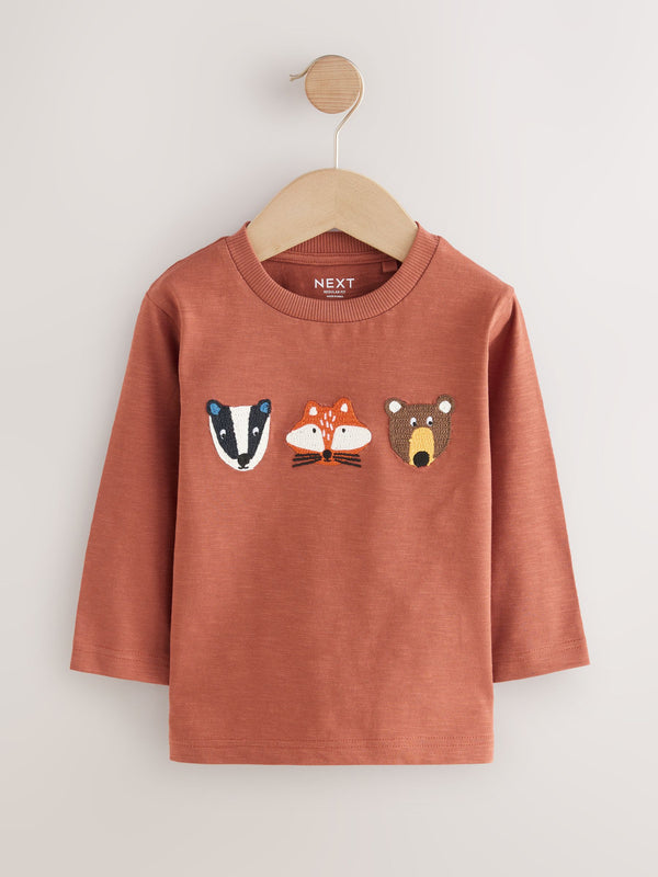 Rust Brown Woodland Animals Long Sleeve Appliqué T-Shirt (3mths-7yrs)