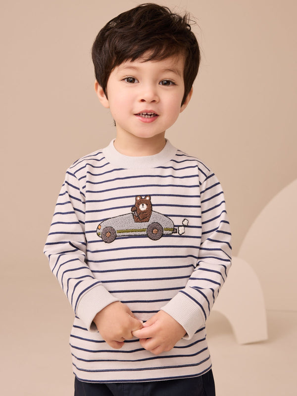 White/Blue Stripe Bear Car Long Sleeve Appliqué T-Shirt (3mths-7yrs)
