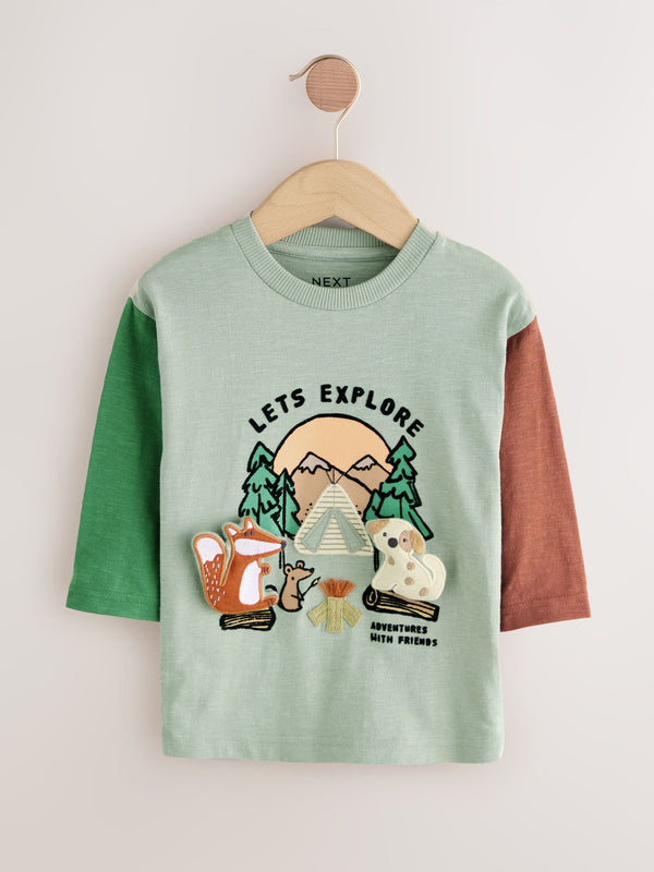 Green Camping Animals Long Sleeve Appliqué T-Shirt (3mths-7yrs)