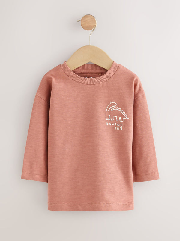 Rust Brown Dinosaur Long Sleeve Back Print T-Shirt (3mths-7yrs)