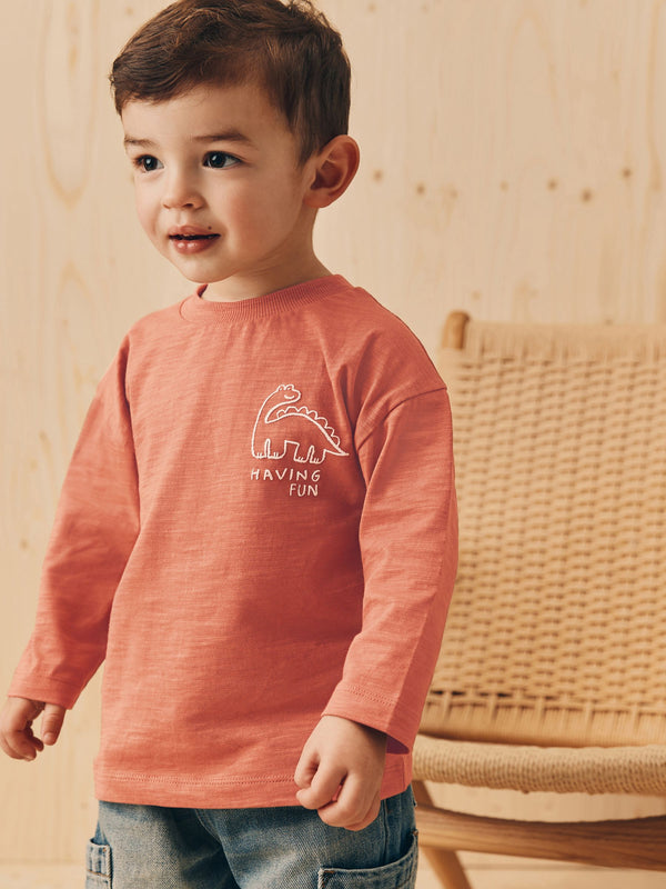 Rust Brown Dinosaur Long Sleeve Back Print T-Shirt (3mths-7yrs)