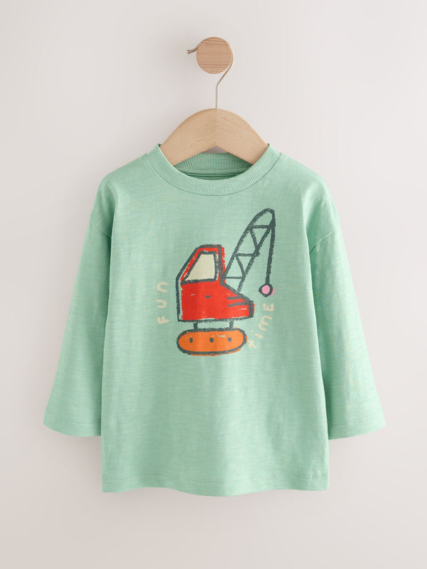 Blue Transport Digger Long Sleeve Graphic Print T-Shirt (3mths-8yrs)