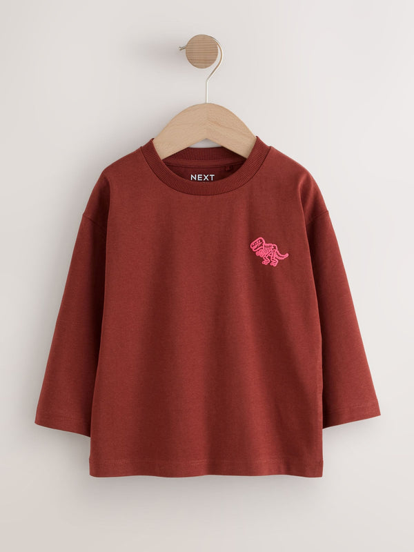 Brown/Pink Dinosaur Long Sleeve Back Print T-Shirt (3mths-7yrs)