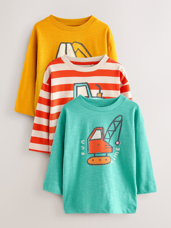 Multi Digger Long Sleeve Graphic Print T-Shirts 3 Pack (3mths-7yrs)