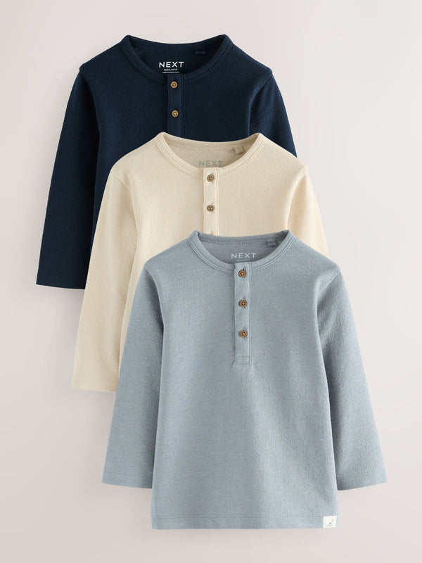 Navy/Blue/Stone Long Sleeve Henley T-Shirts 3 Pack (3mths-7yrs)