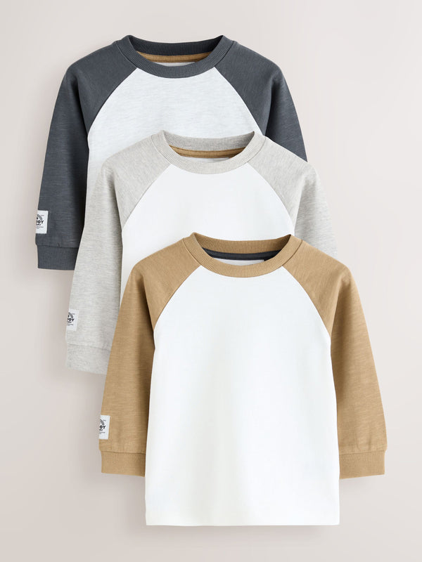 Grey Long Sleeve Raglan T-Shirts 3 Pack (3mths-7yrs)