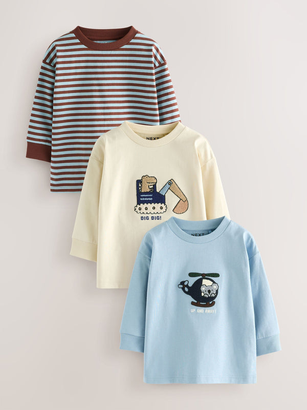 Blue/Ecru Animal Transport Long Sleeve Appliqué T-Shirts 3 Pack (3mths-7yrs)