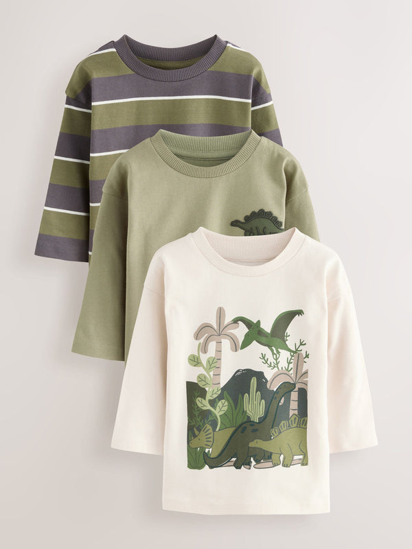 Green Dinosaur Long Sleeve Graphic Print T-Shirts 3 Pack (3mths-7yrs)