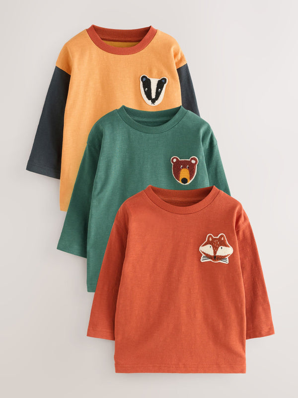Ochre Yellow Woodland Long Sleeve Appliqué T-Shirts 3 Pack (3mths-7yrs)