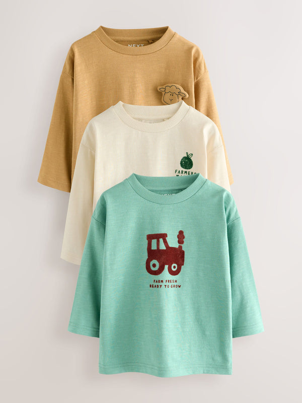 Blue/Brown Farm Long Sleeve Graphic Print T-Shirts 3 Pack (3mths-7yrs)