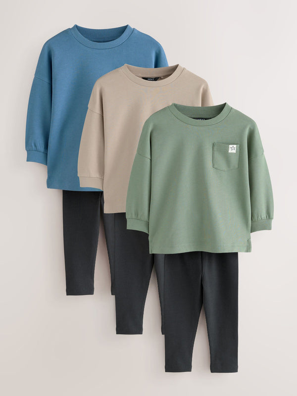 Blue/Stone/Green Long Sleeve Top and Leggings Set 3 Pack (3mths-7yrs)