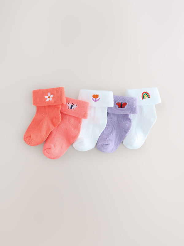 Pink/Purple/White Baby Roll Top Socks 5 Pack (0mths-2yrs)