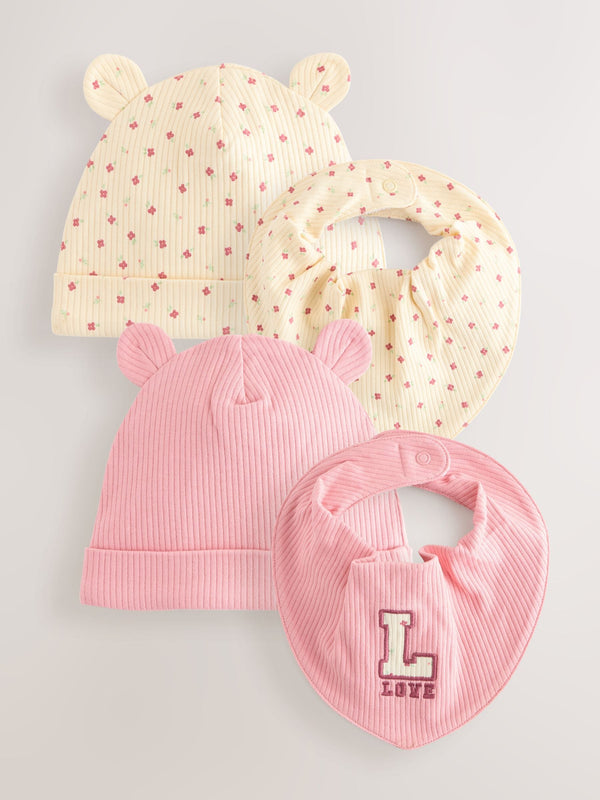 Pink Baby Beanie and Dribble Bib Set 4 Piece (0-18mths)