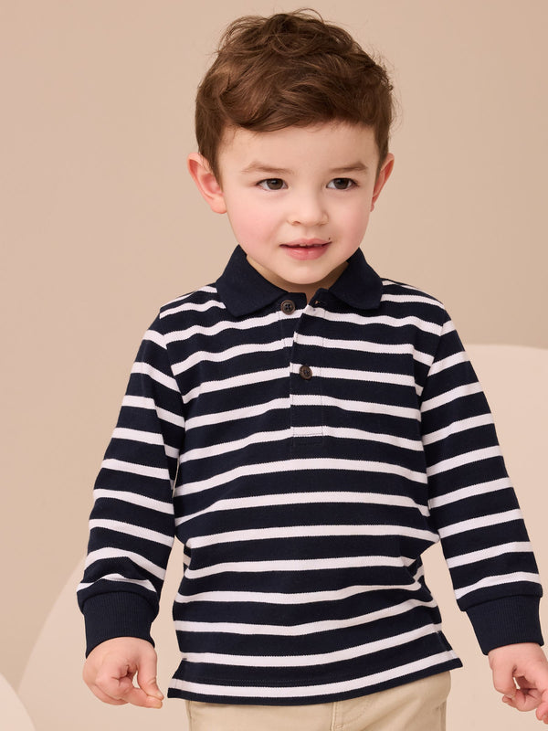 Navy/White Striped Long Sleeve Polo Shirt (3mths-7yrs)