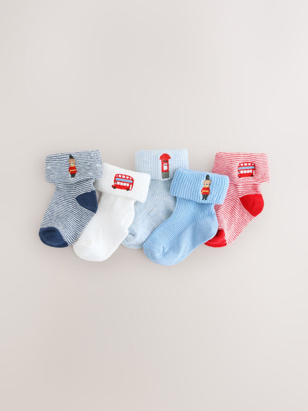 Navy Embroidered Roll Top Socks 5 Pack (0mths-2yrs)