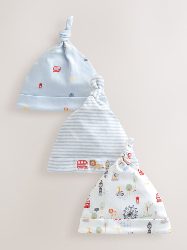 Blue London Tie Top Baby Hats 3 Pack (0-18mths)