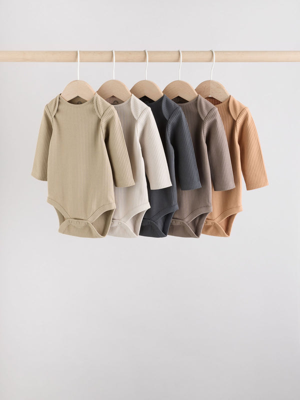 Brown Long Sleeve Baby Bodysuits 5 Pack