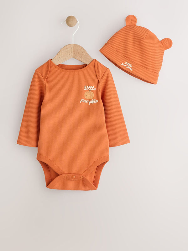 Orange Baby Long Sleeve Halloween Bodysuit and Hat Set