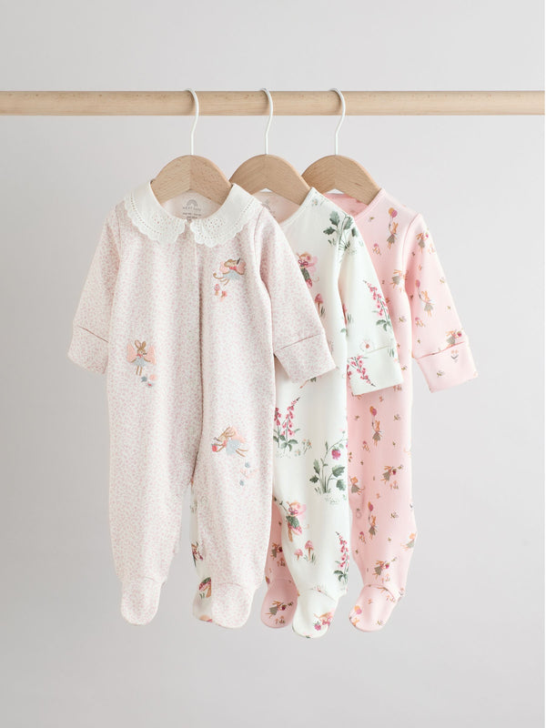 Pink 100% Cotton Frill Printed Sleepsuits 3 Pack (0-2yrs)