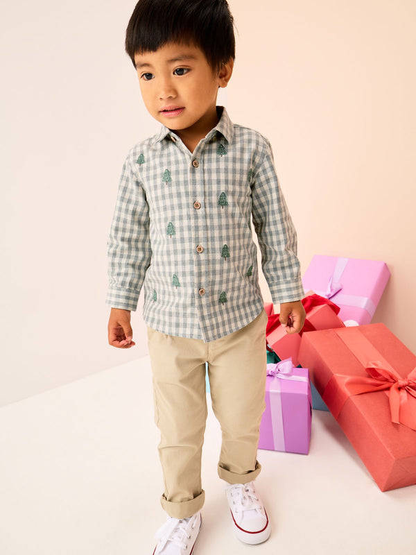 Grey/Ecru Long Sleeve All Over Embroidery Gingham Check Christmas Shirt (3mths-7yrs)