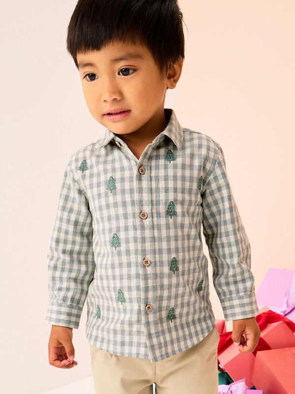 Grey/Ecru Long Sleeve All Over Embroidery Gingham Check Christmas Shirt (3mths-7yrs)