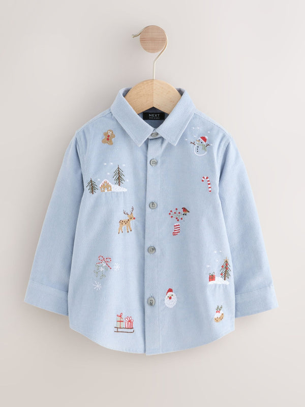 Blue Long Sleeve Christmas Embroidery Character Shirt (3mths-7yrs)
