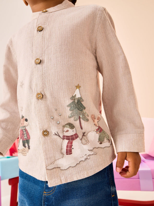 Neutral Scene Long Sleeve Grandad Christmas Printed Shirt (3mths-10yrs)