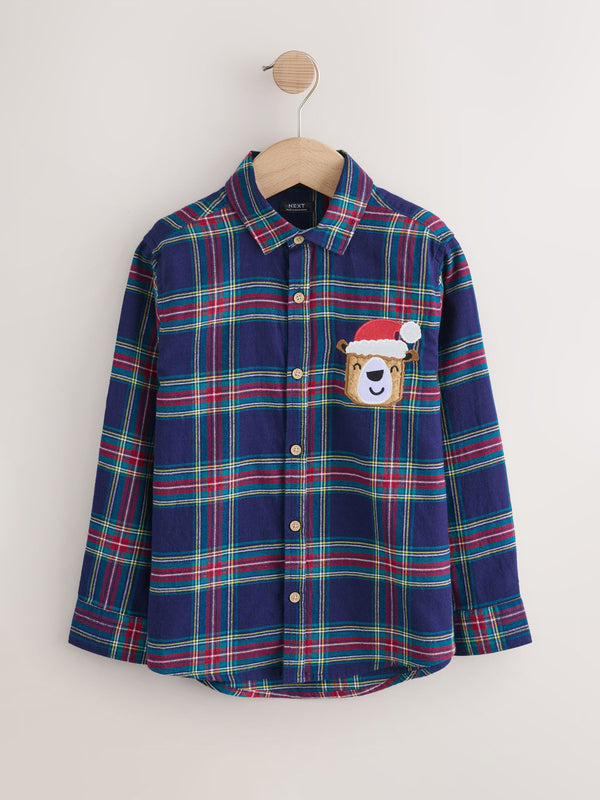 Navy Tartan Long Sleeve Christmas Tartan Check Character Shirt (3mths-10yrs)