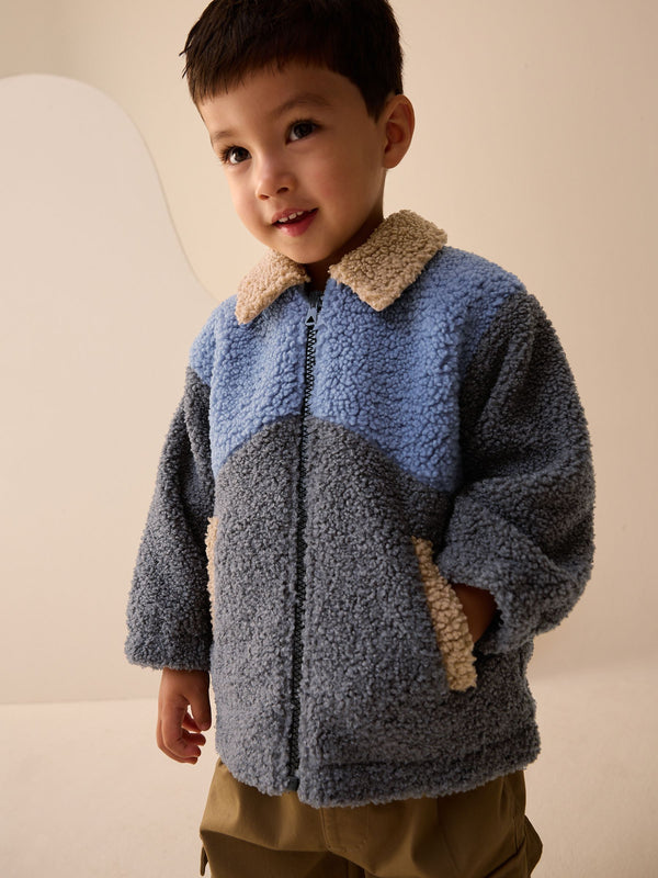 Charcoal/Blue/Tan Colorblock Borg Fleece Shacket (3mths-7yrs)