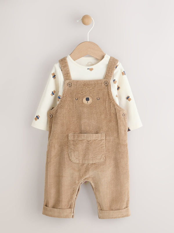 Tan Brown Bear Cord Dungarees and Bodysuit Baby Set (0mths-2yrs)