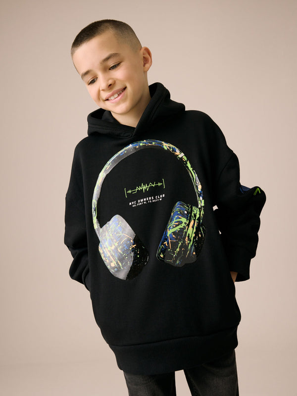 Black Headphones Older Boys Graphic Print Cross-Over Hoodie (3-16yrs)