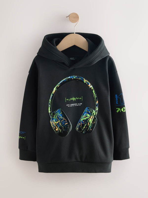 Black Headphones Older Boys Graphic Print Hoodie (3-16yrs)