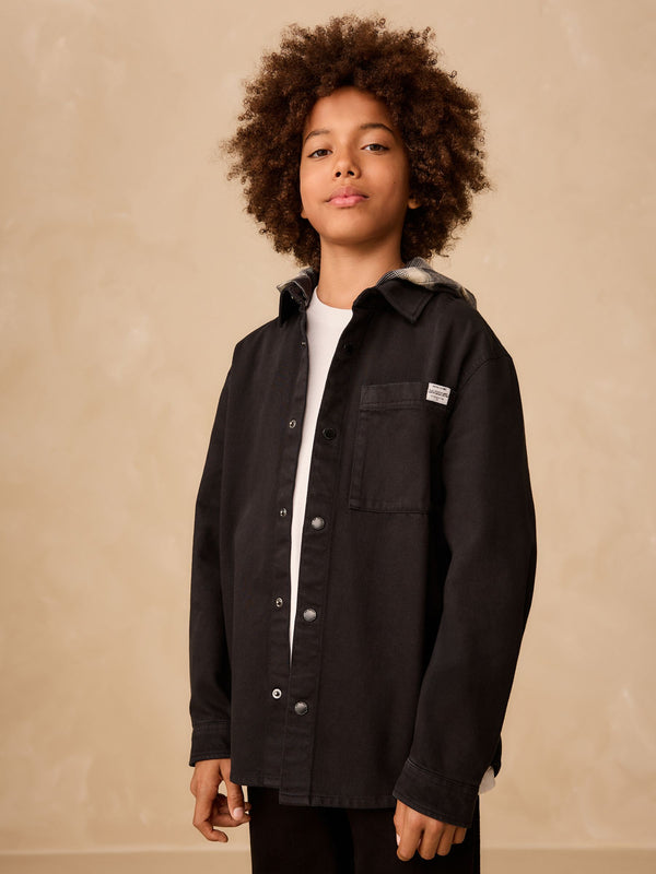 Black Twill Collar Hooded Overshirt (3-16yrs)